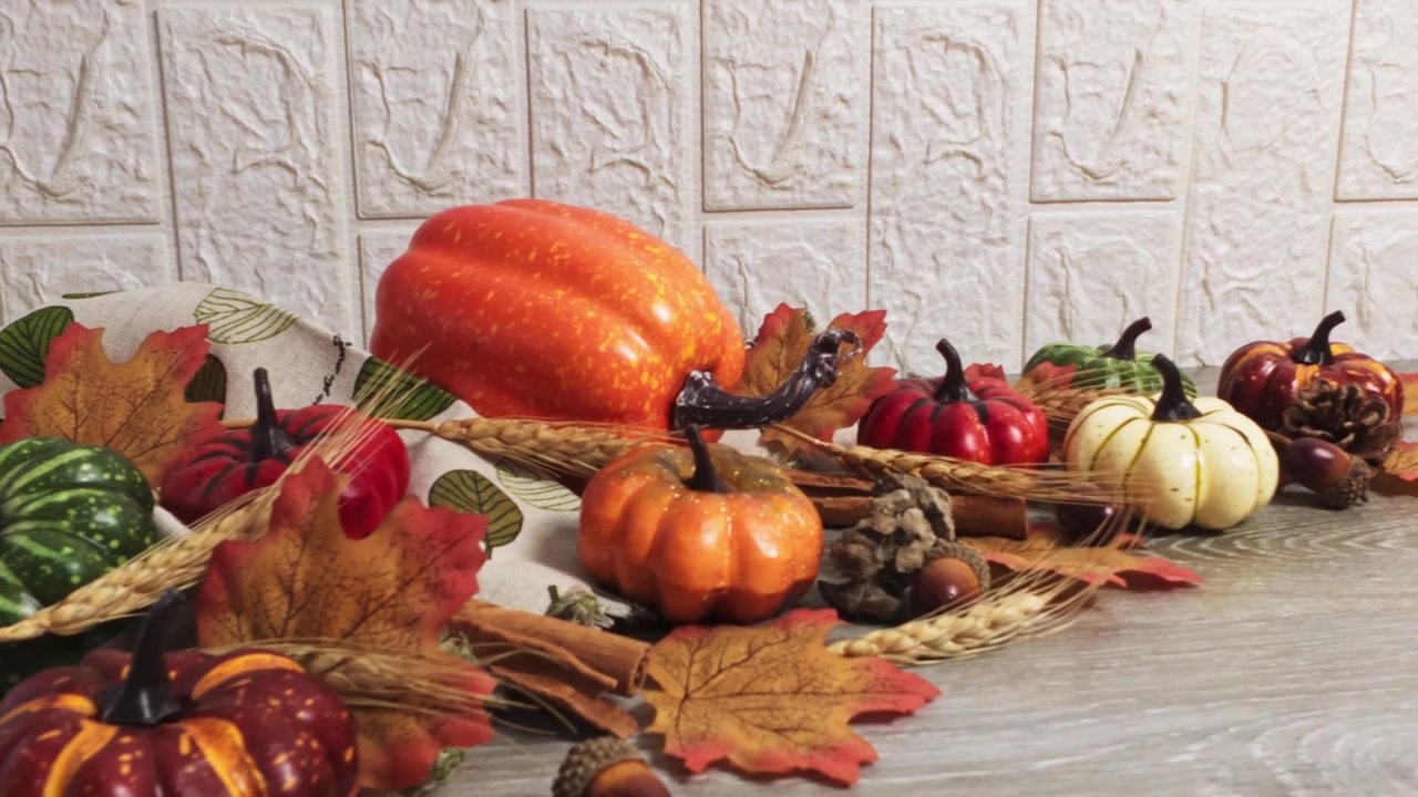 Autumnal Still Life with Decorative Pumpkins and Fall Foliage