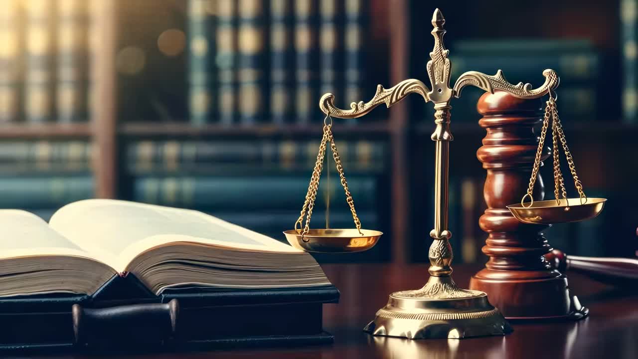A video still of justice scales and a gavel on a desk, shot from a low angle