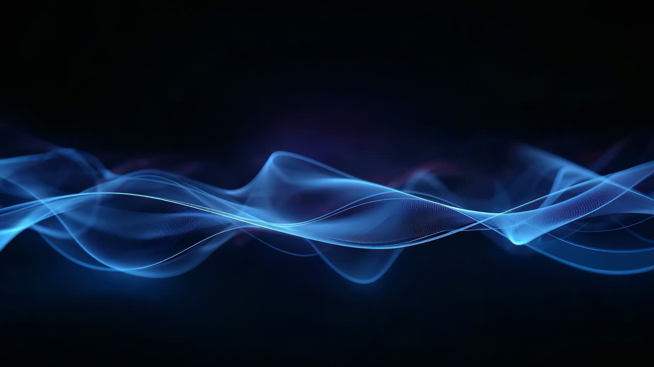 Animation starting, centered blue ribbons waving on dark backdrop, with violet glow streaks looping