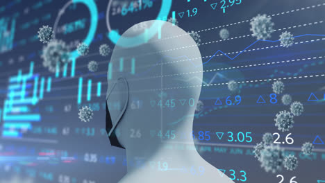 animación de células virales flotantes y humanas con máscara facial sobre el procesamiento de datos