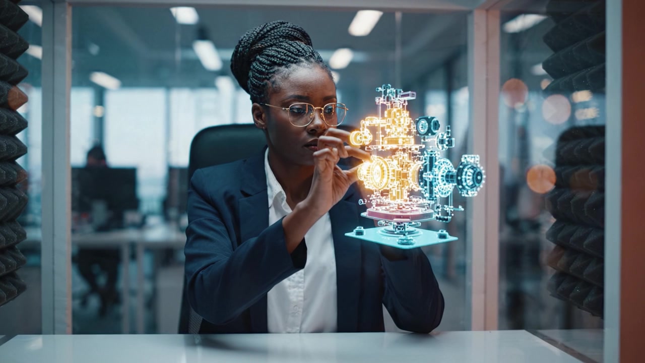 En kvinde i professionelt tøj interagerer med en holografisk mekanisk model, der fremviser avanceret teknologi i et moderne kontormiljø under en digital præsentation.