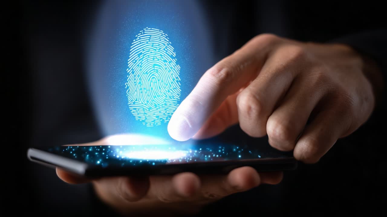 Innovative Biometric Technology Demonstration: A Fingerprint Scanner Capturing Unique Patterns on a Smartphone Screen Using Advanced Digital Effects