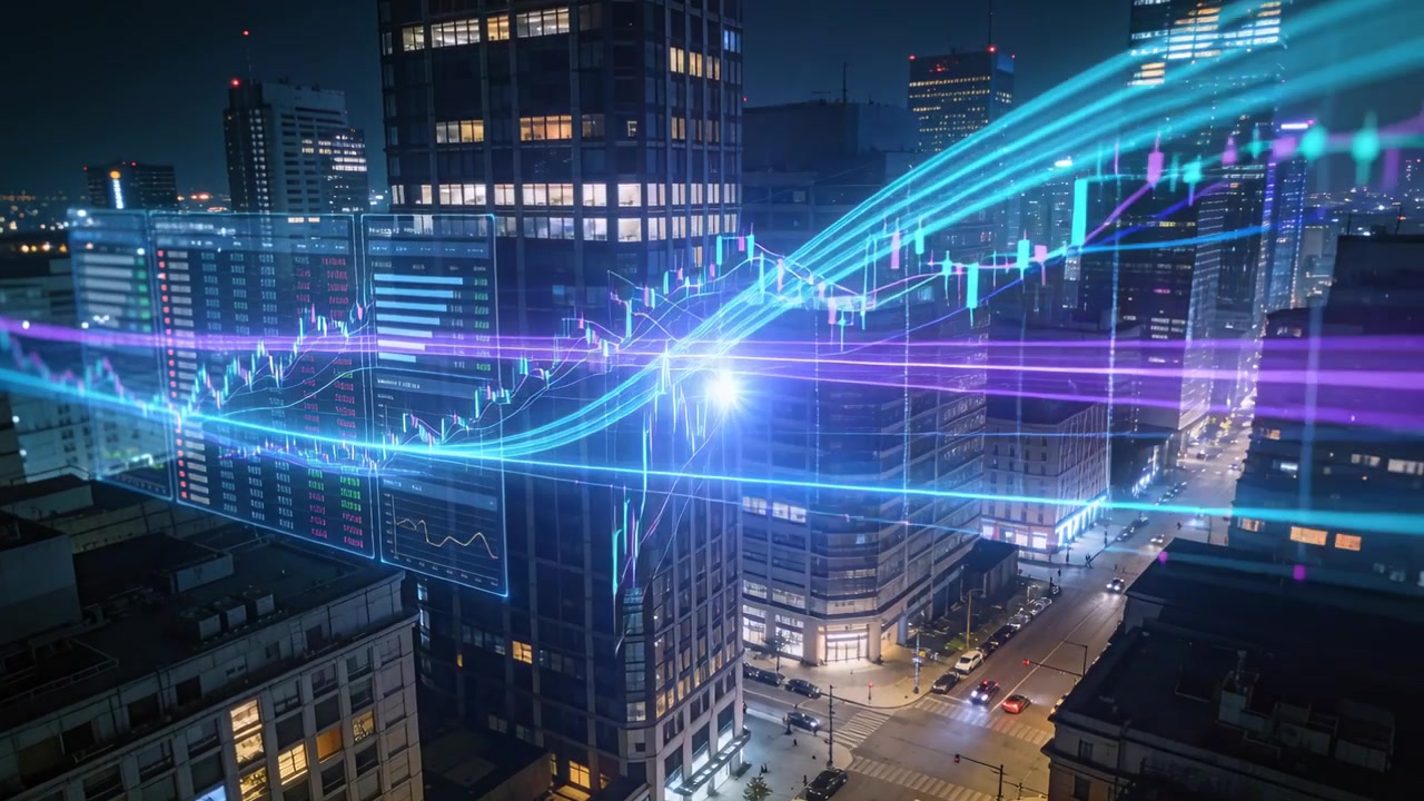 Apertura di una sovrapposizione di mercato al neon che traccia un nastro di dati sopra i grattacieli di notte, mostrando le tendenze di mercato.