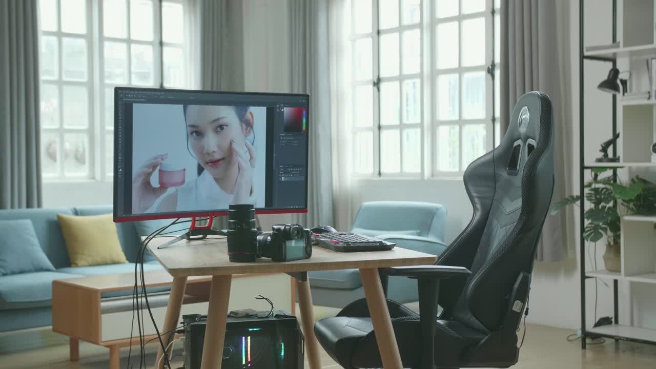 Photo On Screen Of Desktop Computer And Camera Is On A Table With A Chair In The Working Room At Home.