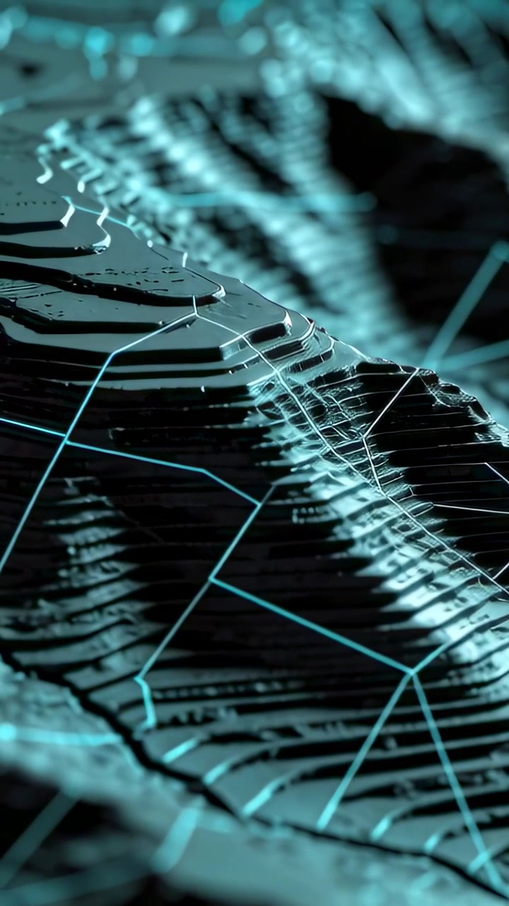 Vertical video: Panning camera on play revealing tiered ridge in dark void and mapping cyan network