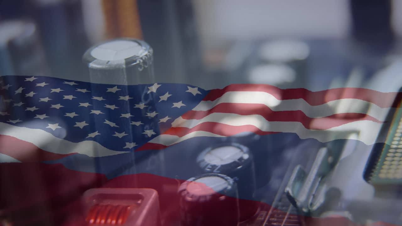 animación del servidor y el procesamiento de datos sobre la bandera de rusia y los estados unidos de américa