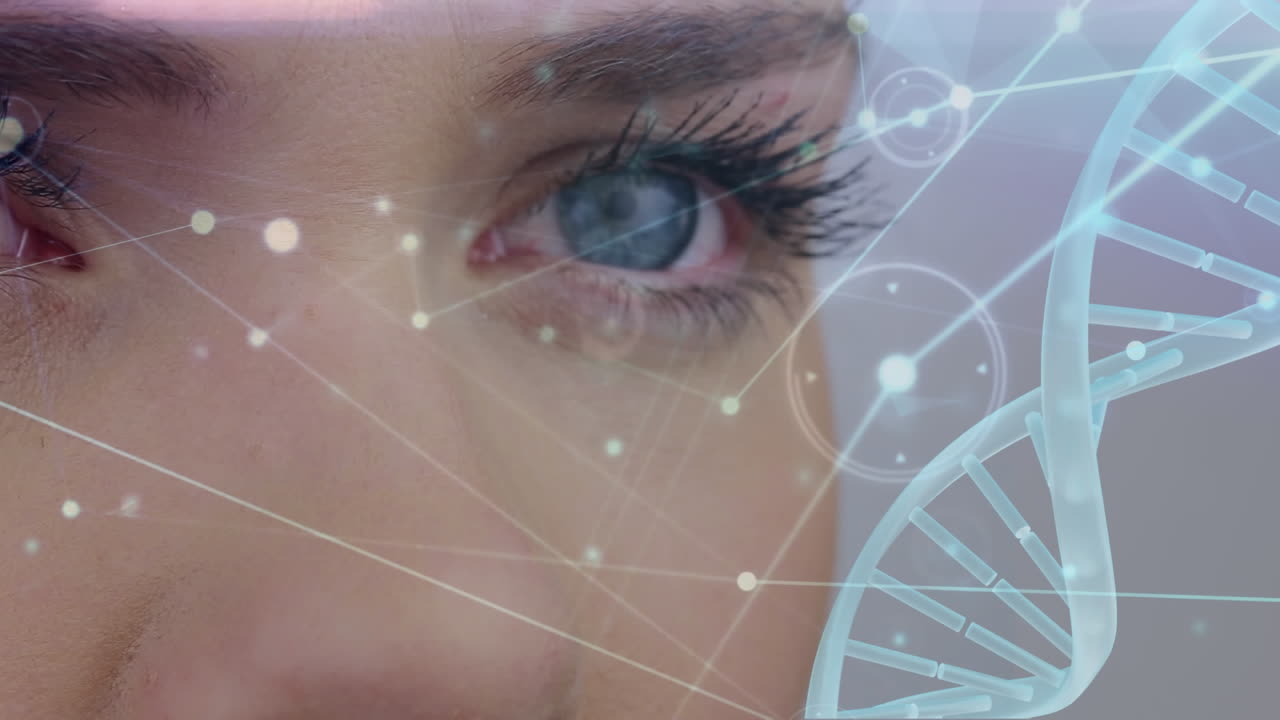 Woman with blue eyes and DNA double helix with asymmetrical lines