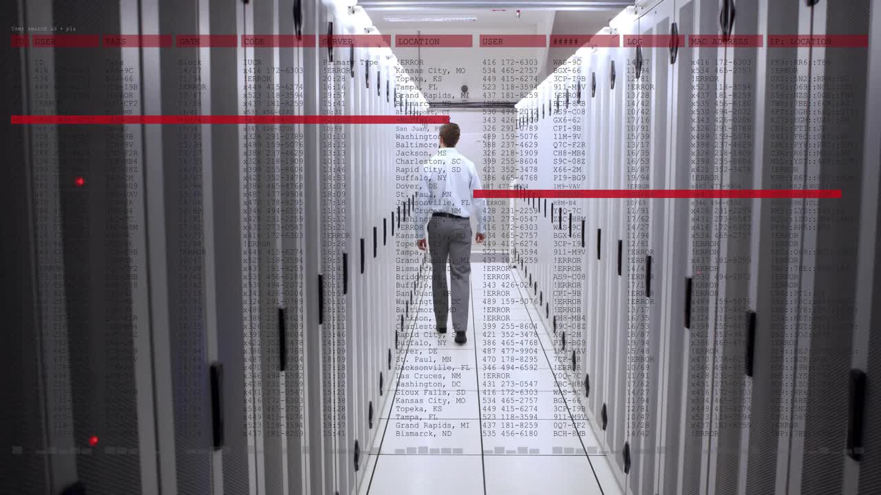 IT technician walking down server corridor, showing server racks, code overlays and red scan bars