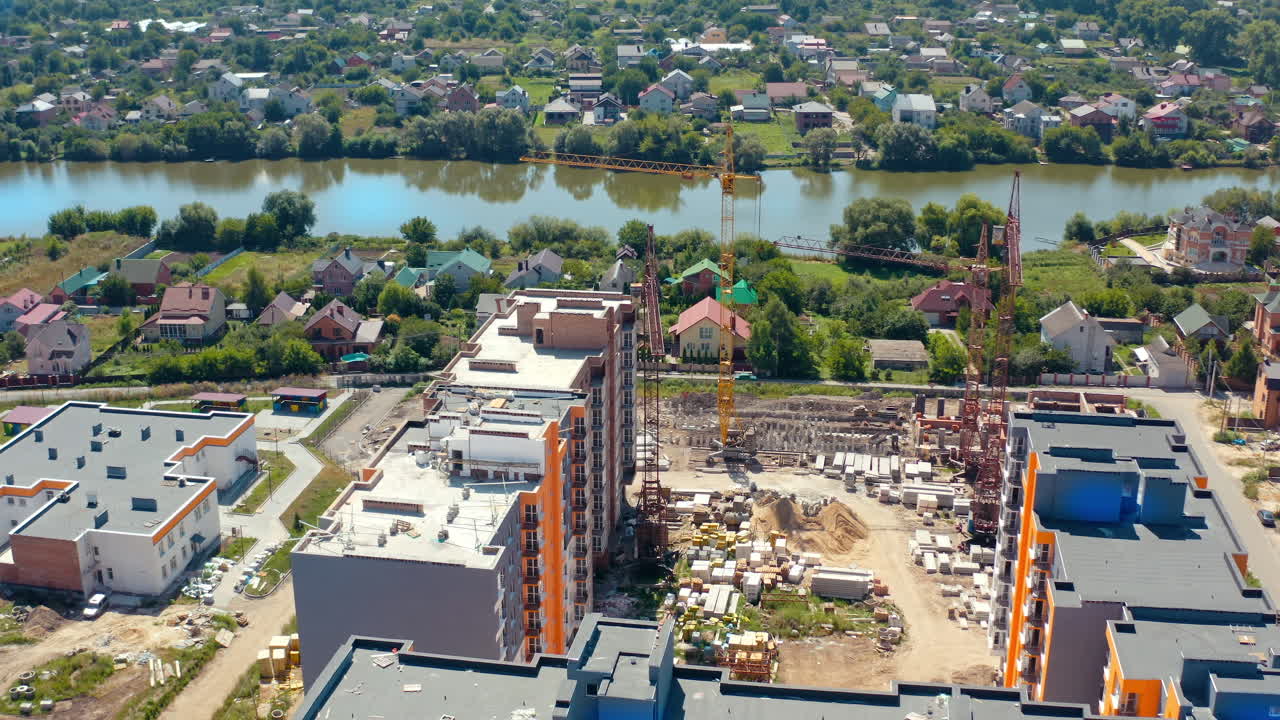 Aerial view of new modern house building. Contemporary residential design of apartment building.
