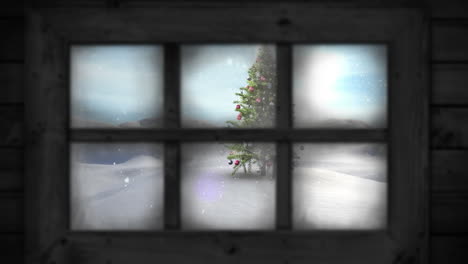 animation of window view of christmas tree and winter landscape