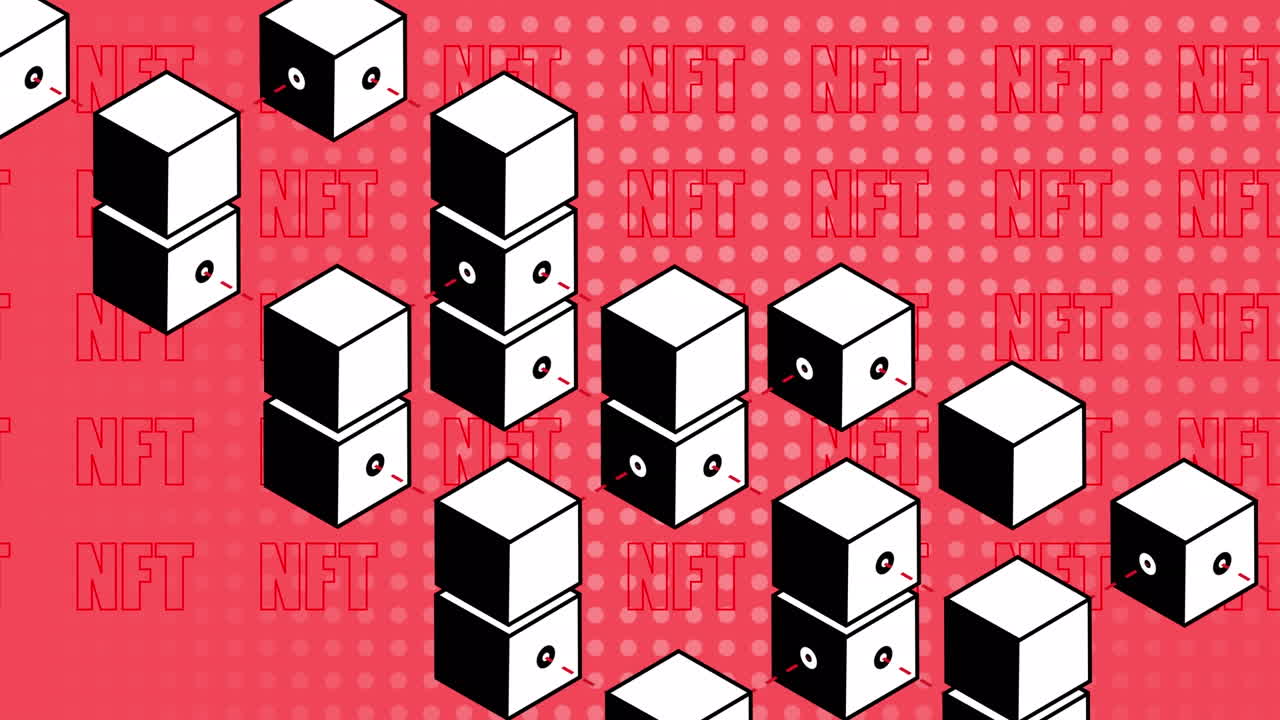 Animation of cubes over nft text on red background