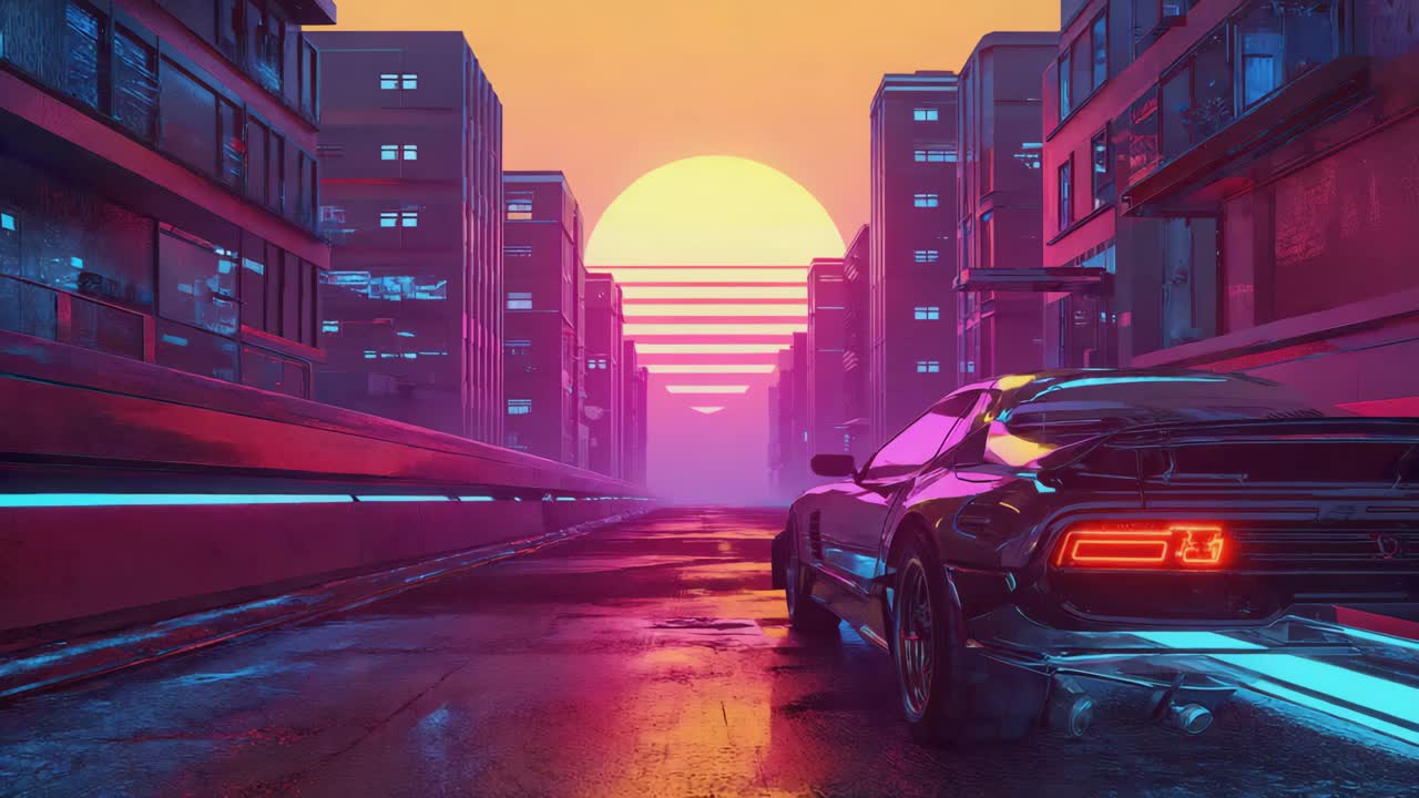 Synthwave City Drive at Sunset with Neon Glow