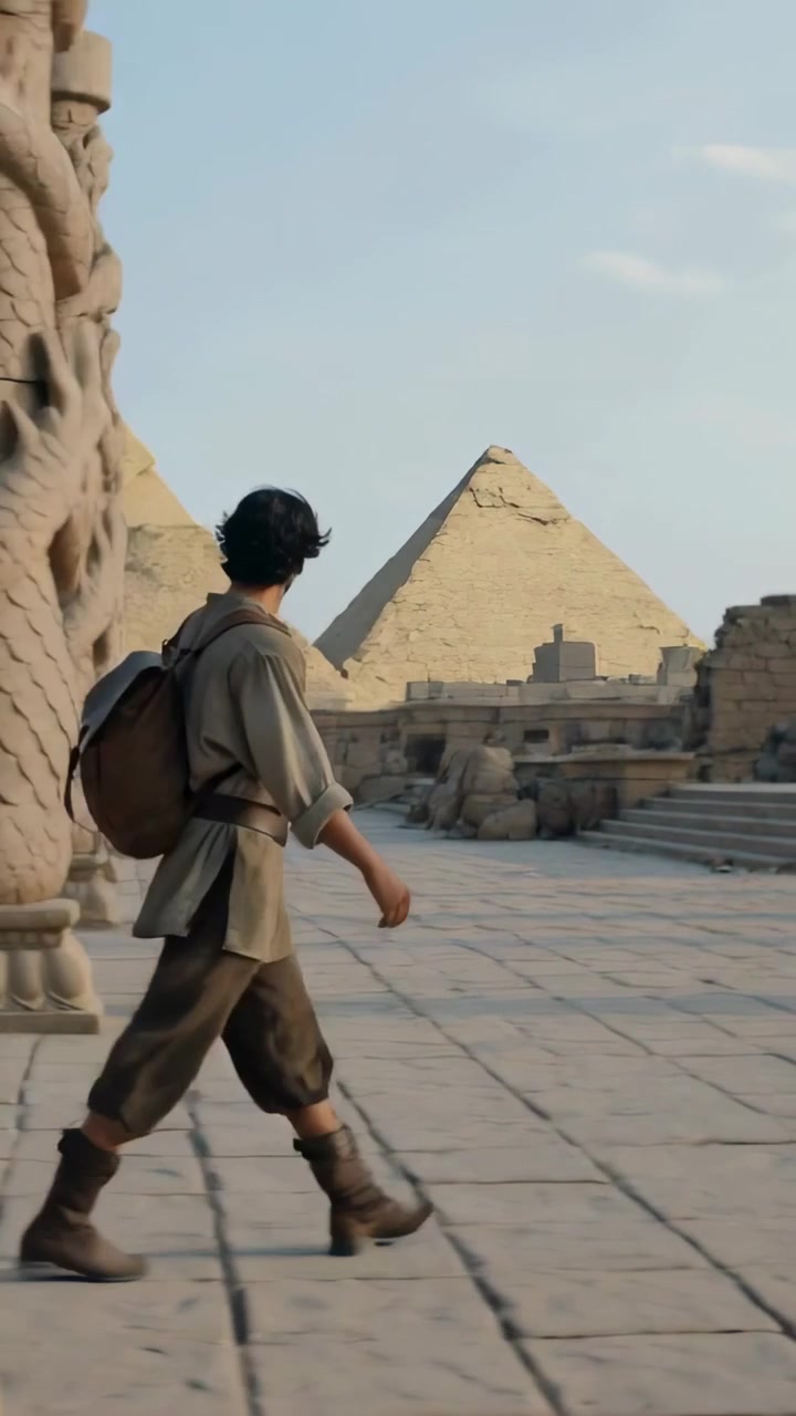 Video verticale: Uomo in tunica con zaino che entra e cammina in una piazza oltre colonne a forma di serpente in cerca di una piramide