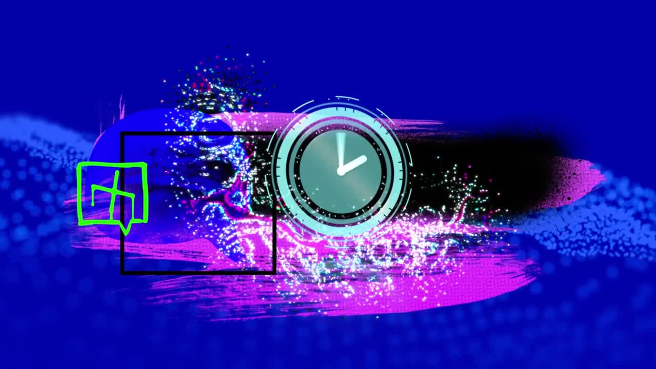 Animation of moving clock over colorful shapes on blue background