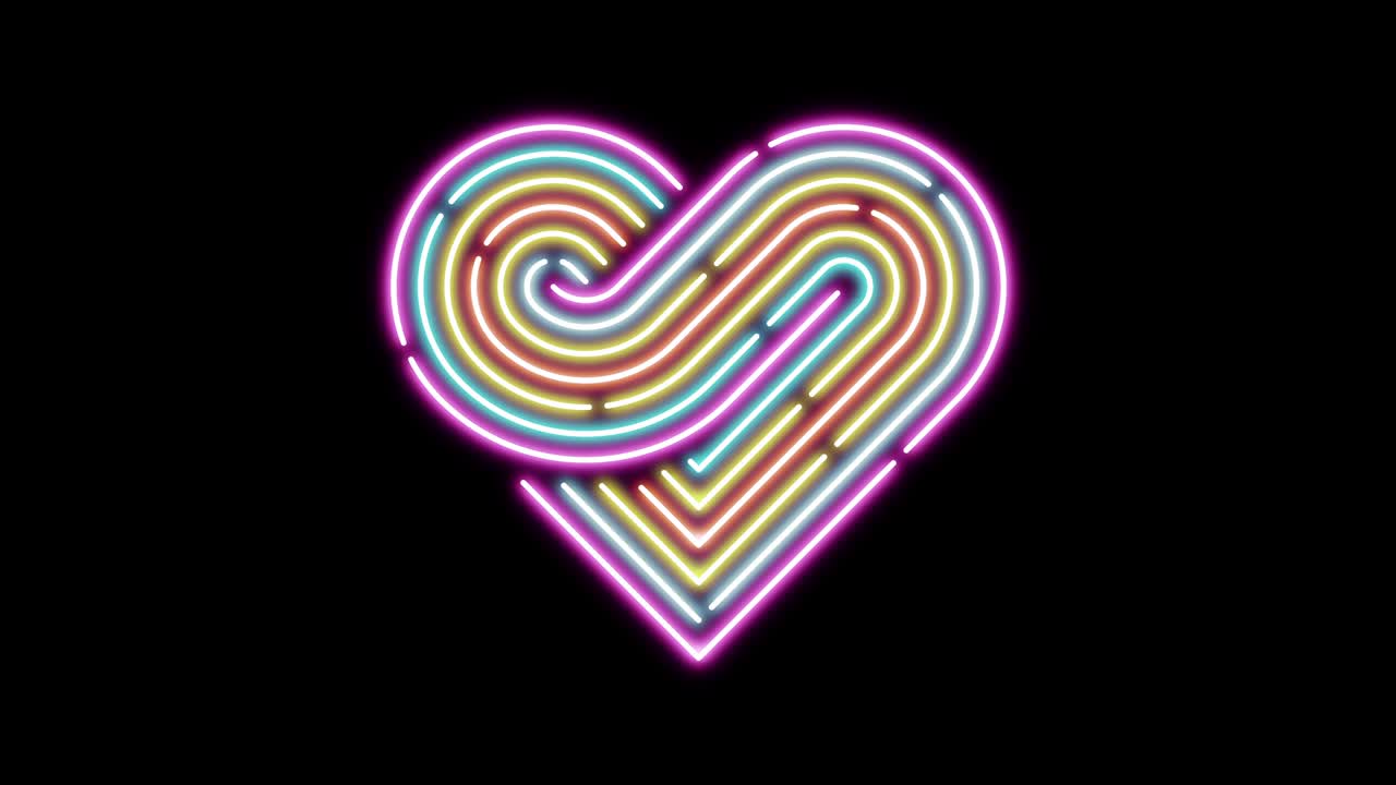 네온 다쉬 라인 조명, 움직이는 패턴, 다채로운 기술 네트워크, 디지털 데이터 전송, 발렌타인 데이 컨셉 디자인, 검은 바탕에 반이는, 공간과 함께 4k 순환 애니메이션