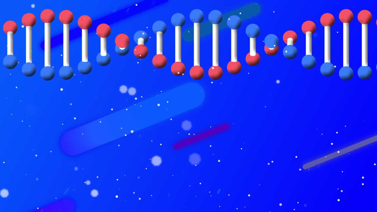 Animation of dna strand over light spots and trails on blue background