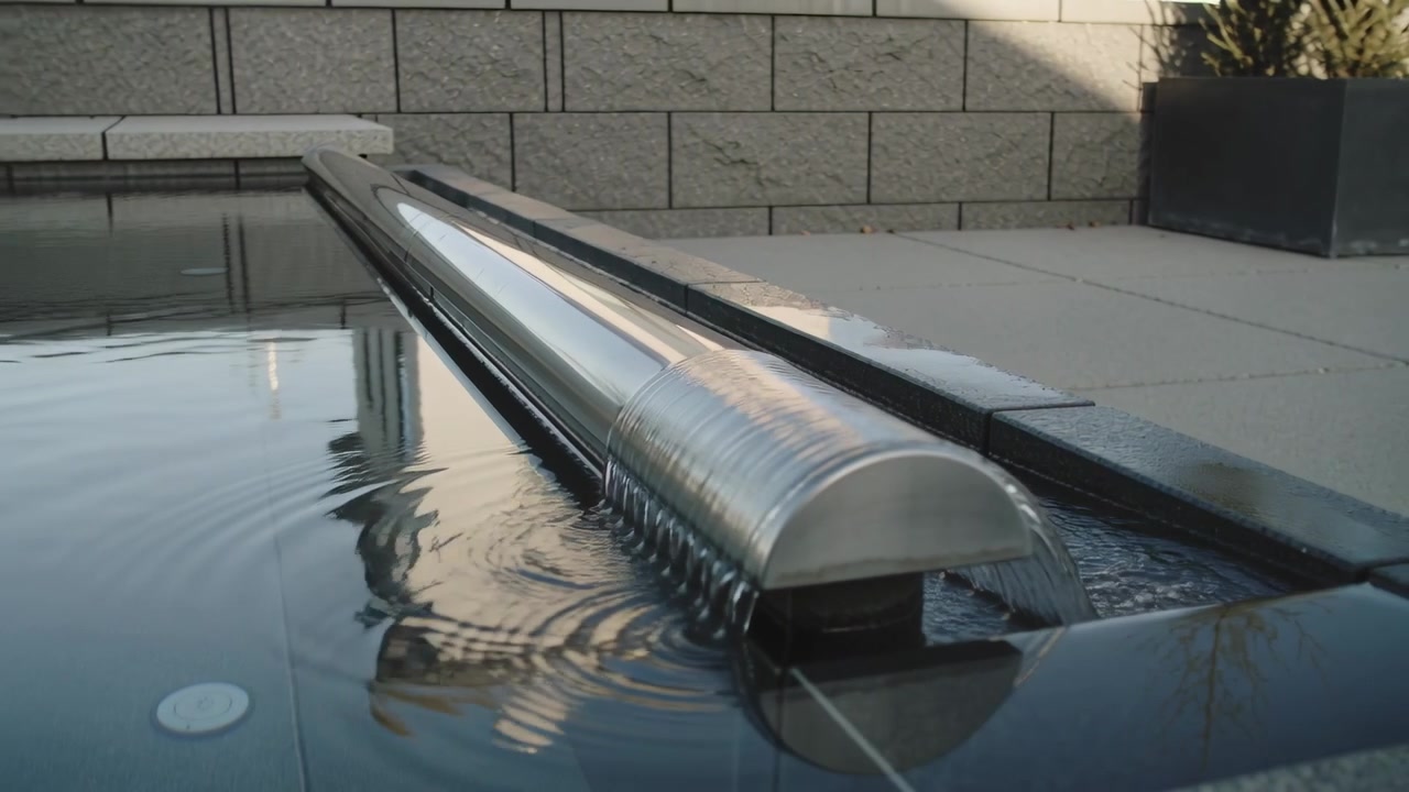 Flowing stainless cascade making ripples in black pool after pump activation, shifting reflections