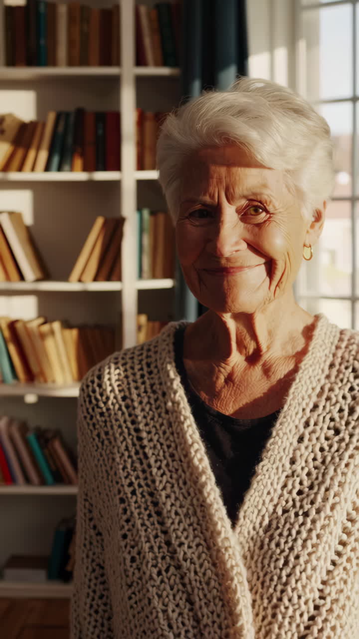 Smiling Senior Woman in Knitted Cardigan