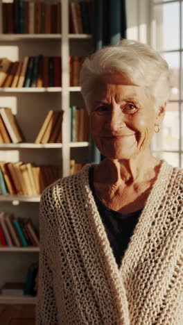 smiling senior woman in knitted cardigan