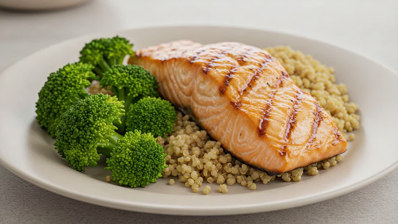Salmone alla griglia con broccoli e quinoa: un'opzione sana e deliziosa che unisce ingredienti nutrienti per una dieta equilibrata e un'esperienza culinaria ricca di sapore