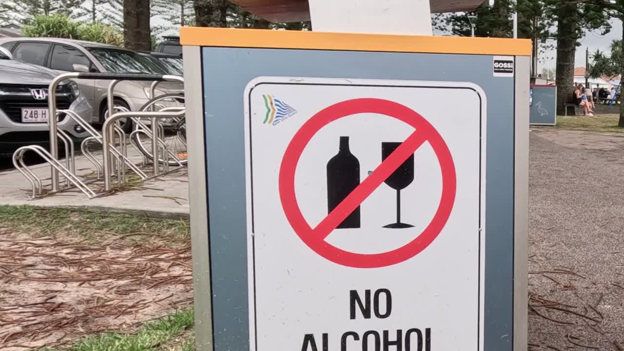 Close-up of a no alcohol sign positioned near parked cars and a bicycle rack.