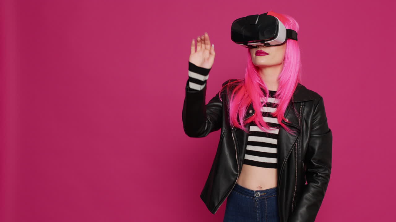 Beautiful cool person using vr goggles with augmented reality