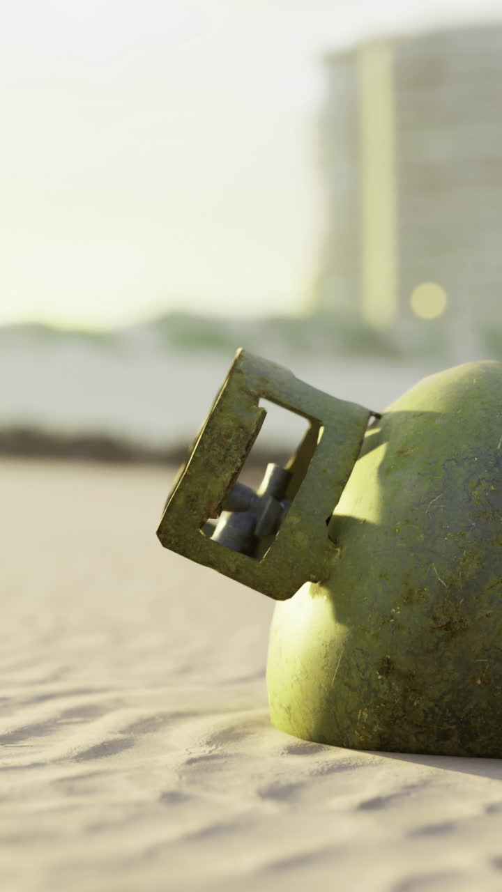 Green gas cylinder rests on sandy beach at sunset with distant buildings