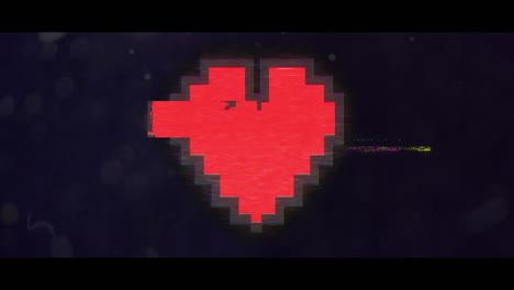 animación digital del efecto de falla sobre el icono de corazón rojo pixelado contra un fondo negro