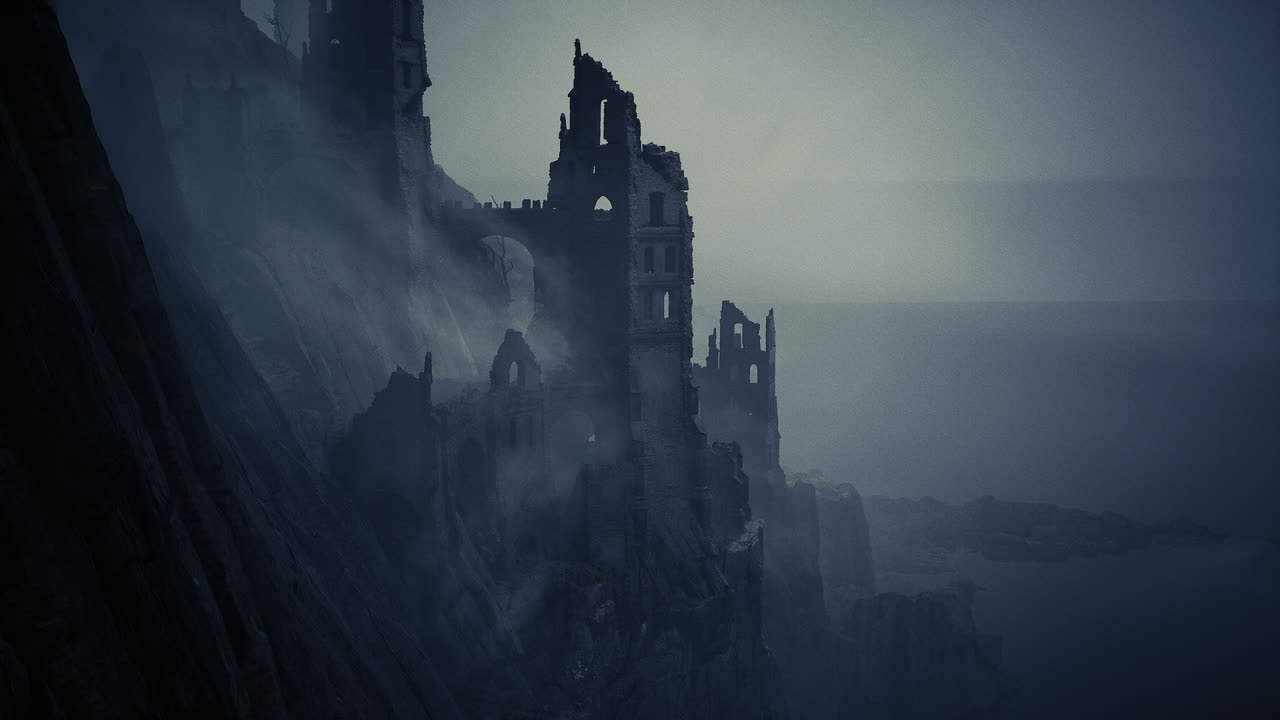 ruinas de un antiguo castillo con vistas a una costa brumosa al crepúsculo