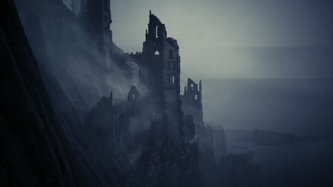 ruins of an ancient castle overlooking a misty coastline at twilight