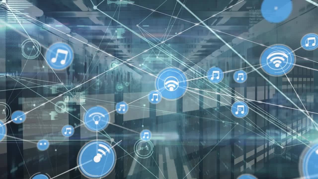 Animation of network of connections with icons over computer servers