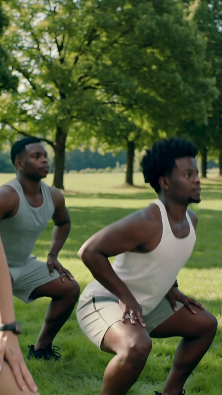 Young Men Performing Squats During an Outdoor Workout in a Park