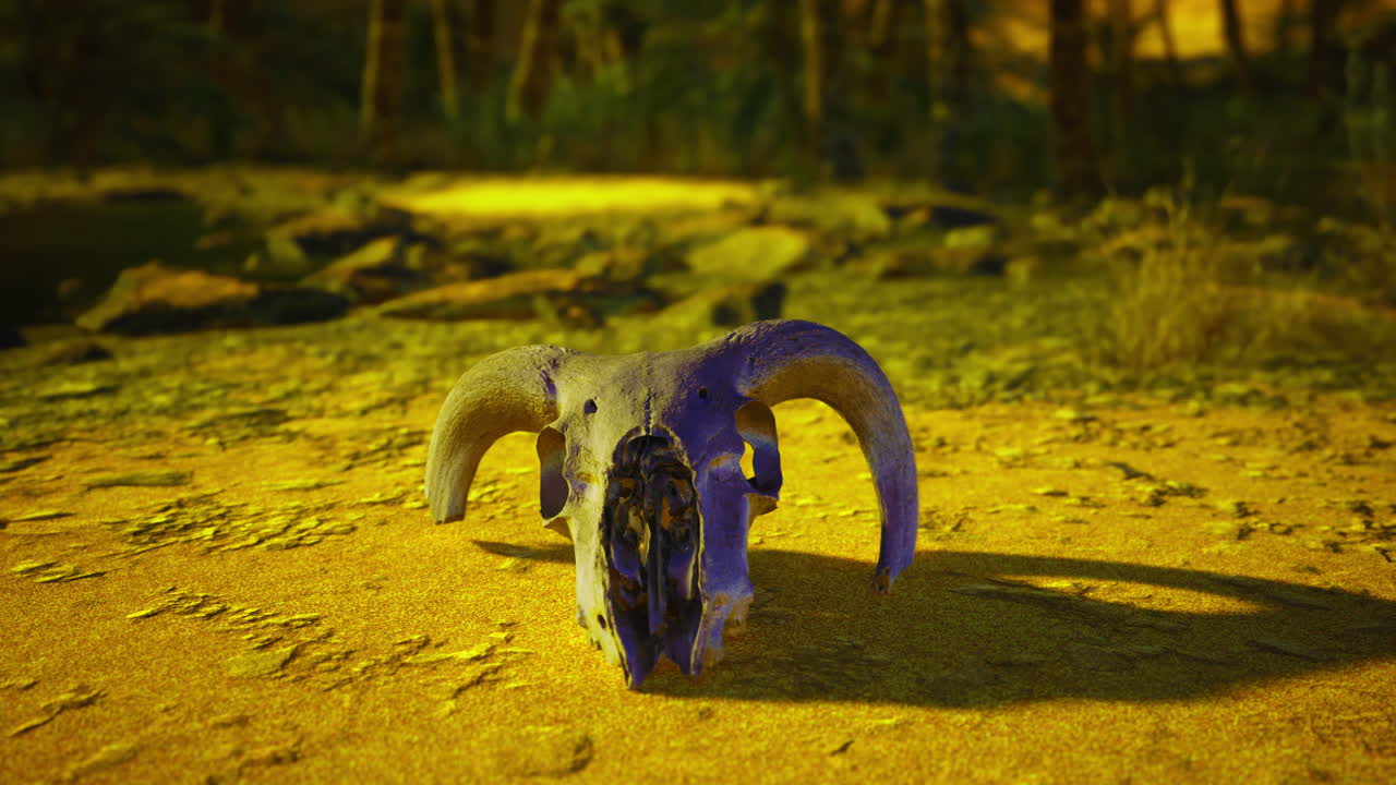 Ancient skull resting on golden ground under warm sunlight in a forest