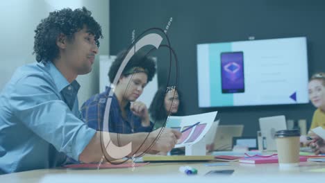 Animation-of-round-scanner-and-data-processing-over-biracial-man-talking-to-his-colleagues-at-office