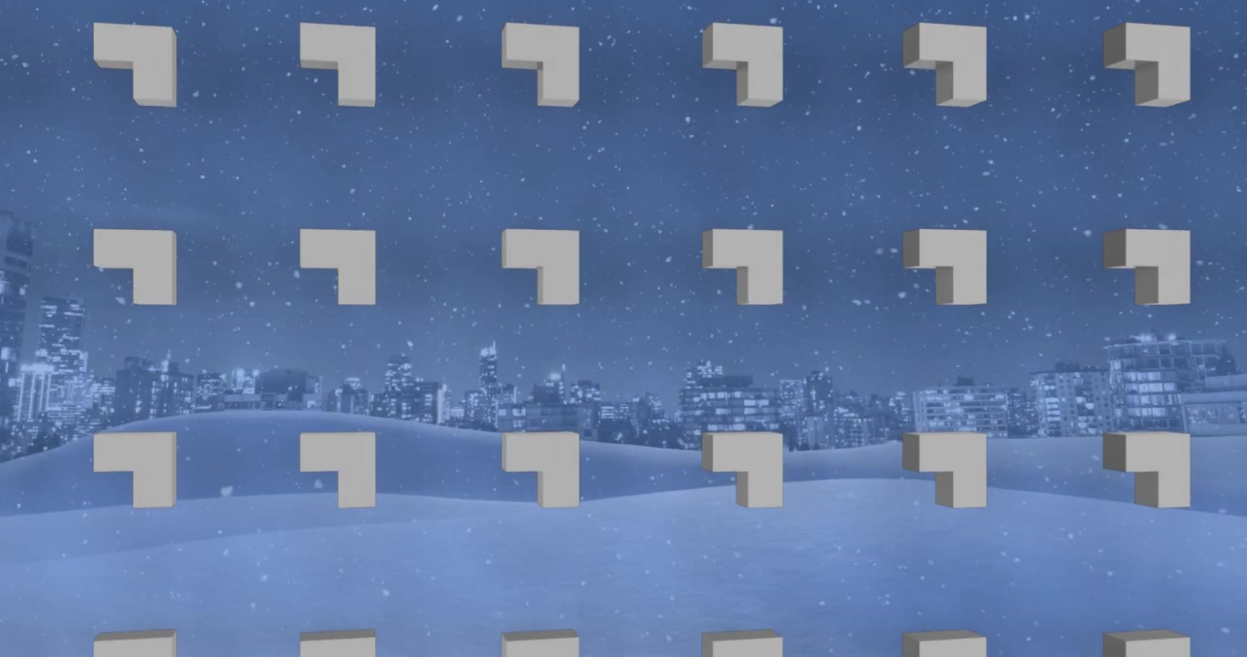 このアニメーションは、雪が降る夜の冬の情景と、背景に広がる都市の景観を描いています。