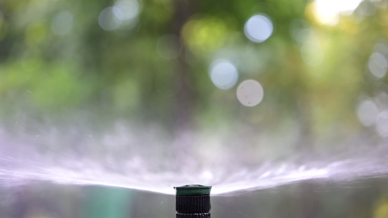 Close up of a water sprinkler in action, spraying water across grass and plants