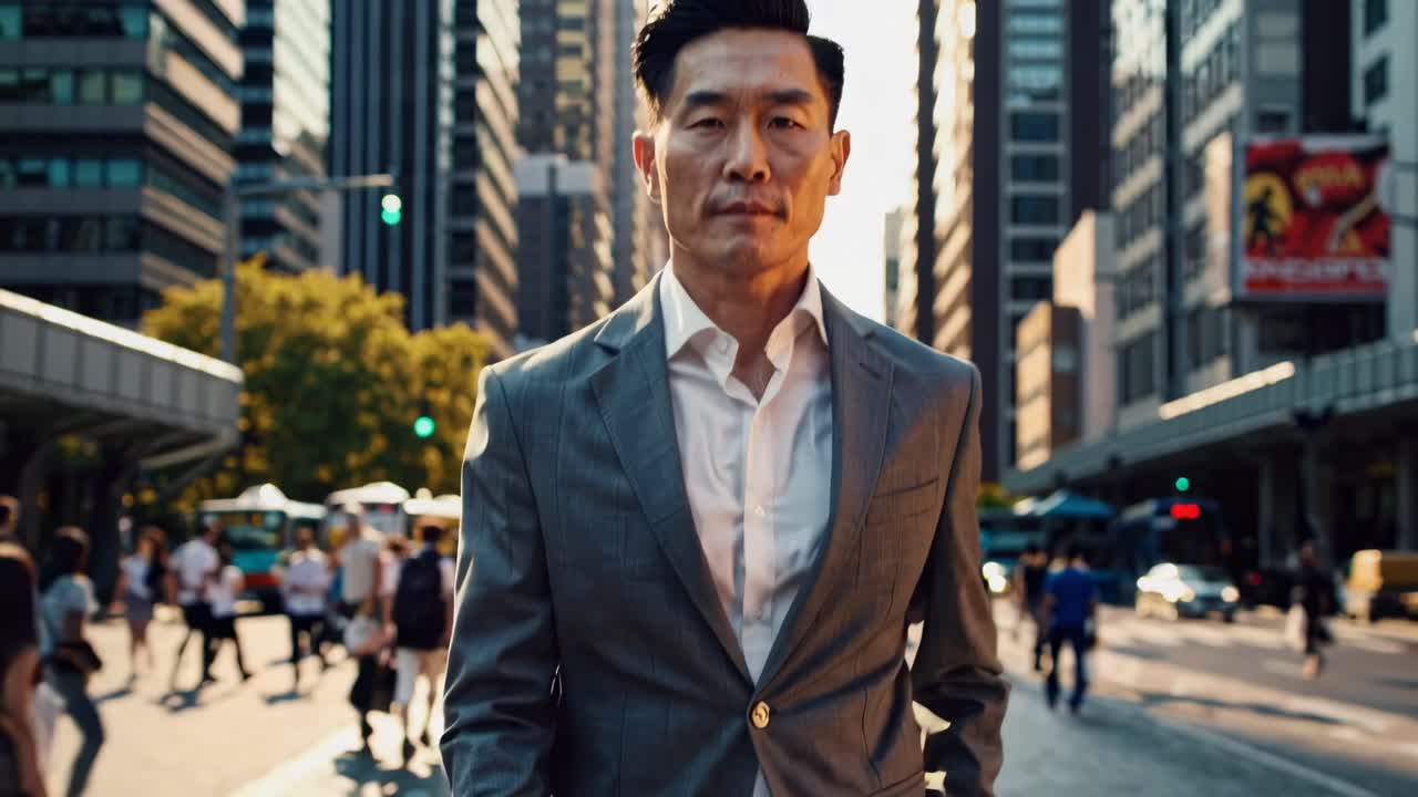 A confident man in a suit walks through a bustling city street