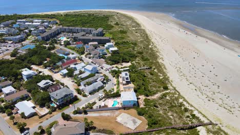 Drone-Flyover-of-Tybee-Island-North-Beach-outside-Savannah-Georgia,-Facing-North-toward-Hilton-Head-Island