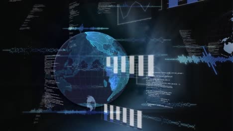 Animación-Del-Globo-Giratorio-Y-Procesamiento-De-Datos-Sobre-Fondo-Negro.