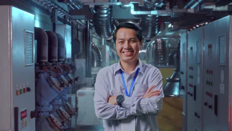 Shot Captures Of An Asian Male Professional Worker Standing In Engine Control Room, His Broad Smile At The Camera And Cross His Arm Over His Chest
