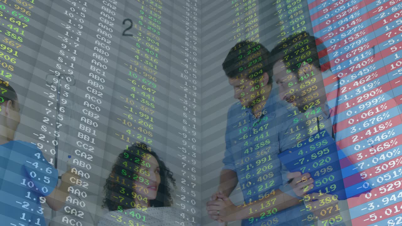 Seated woman speaking team leaning and touching for clinic consult data ticker scrolling over group