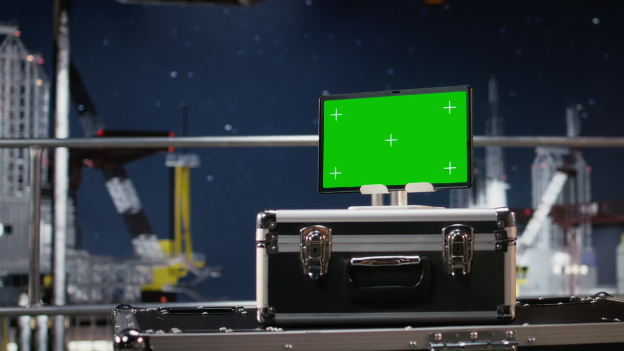 Chroma key display on empty offshore oil platform serves as testing site