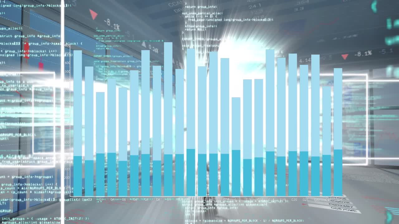 Animation of digital data processing over glowing lights