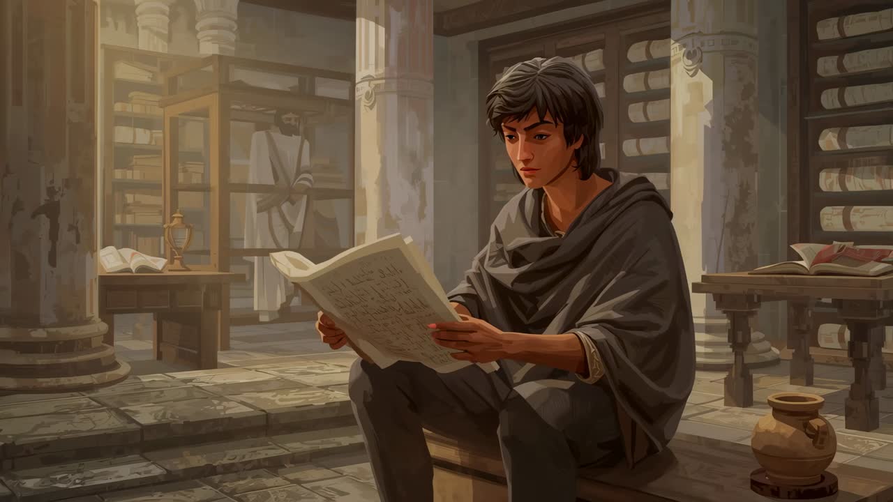 Reading robed reader prompted by warm left light, leaning and studying manuscript in columned hall