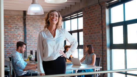 retrato de una mujer de negocios sonriente en la oficina con colegas trabajando en el fondo