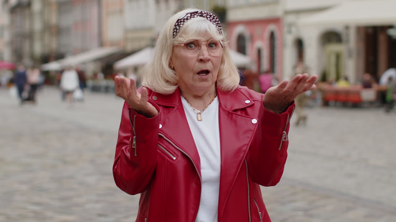 Surprised frustrated senior woman raising hands asking reason of failure demonstrating disbelief