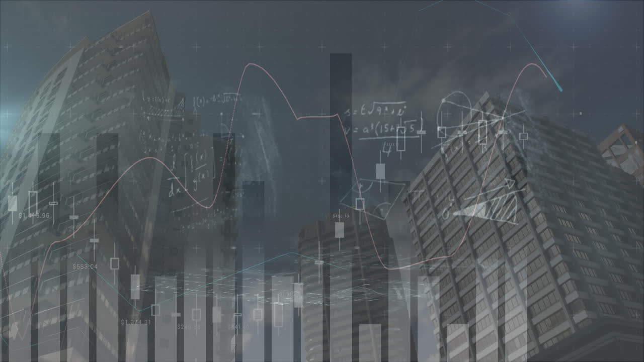 Animation von Statistikverarbeitung und mathematischen Gleichungen über einer Stadtansicht