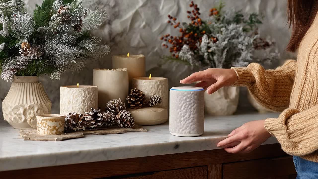 A Cozy Seasonal Setup Featuring a Smart Speaker Among Decorated Candles and Festive Foliage for a Warm Ambiance in a Modern Living Space