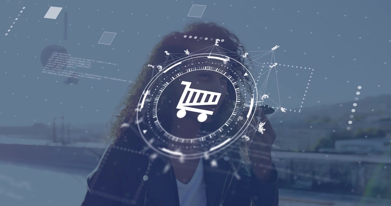 Donna adulta che tiene in mano un telefono, con HUD AR che centra il viso e un carrello che appare ruotando verso il basso, facilitando lo shopping.