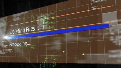 Animation-of-deleting-files,-processing-text-on-interface-over-server-room